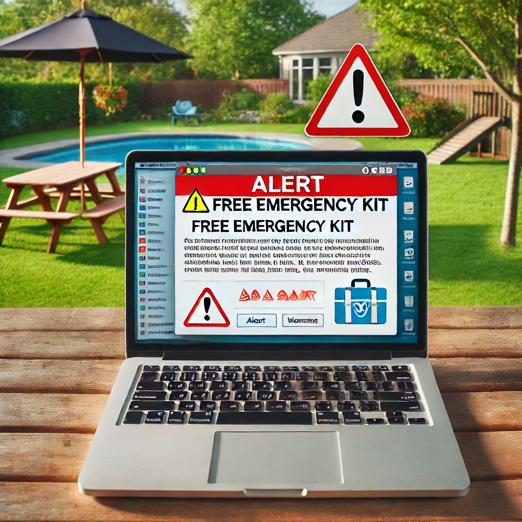 Een waarschuwing voor phishing scams over gratis noodpakketten. In een buitenomgeving staat een laptop op een tafel, waarop een verdachte e-mail te zien is met een nepaanbieding voor een gratis noodpakket. De e-mail bevat phishing-elementen zoals een link naar een malafide website en slechte grammatica. Een rode waarschuwingsbanner en een symbool met een uitroepteken in een driehoek staan duidelijk op het laptopscherm. Op de achtergrond is een rustige tuin of park te zien, wat contrasteert met de dreiging op de laptop.