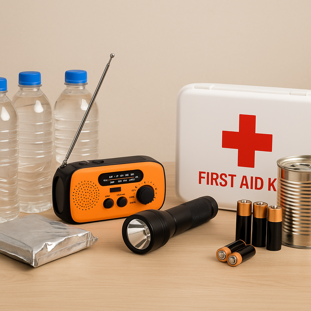 Een noodpakket op tafel met waterflessen, een radio, zaklamp, batterijen, EHBO-doos en ingeblikt voedsel