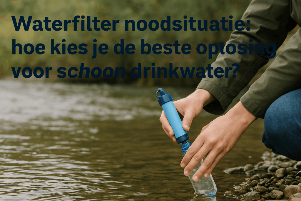 Noodpakket – persoon filtert water uit rivier met draagbare waterfilter