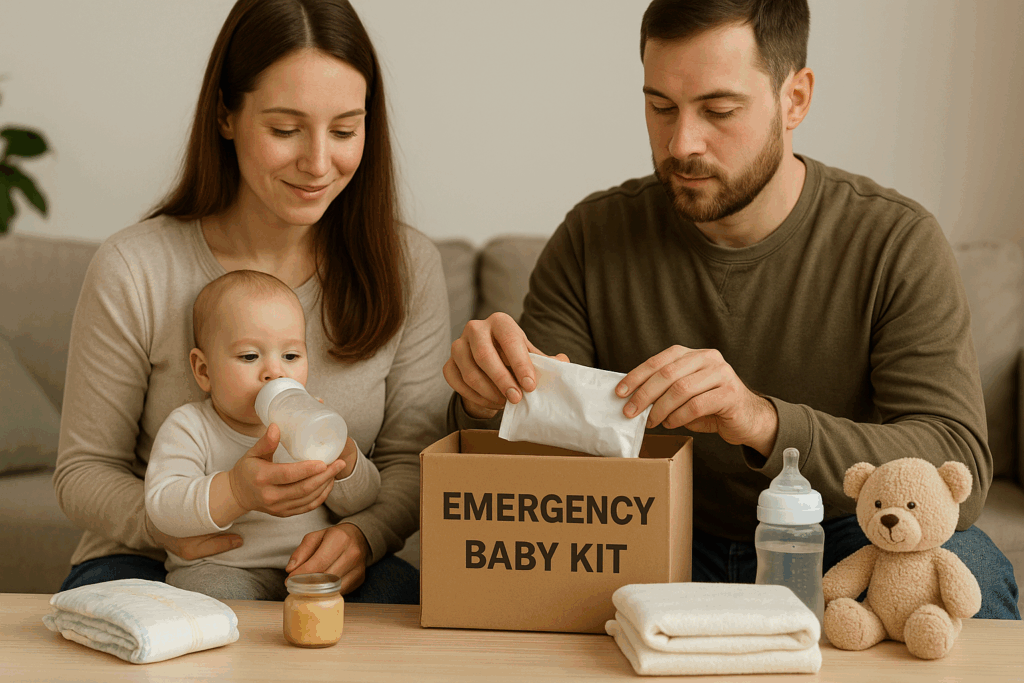 Noodpakket – ouders verzorgen baby met noodpakketbenodigdheden