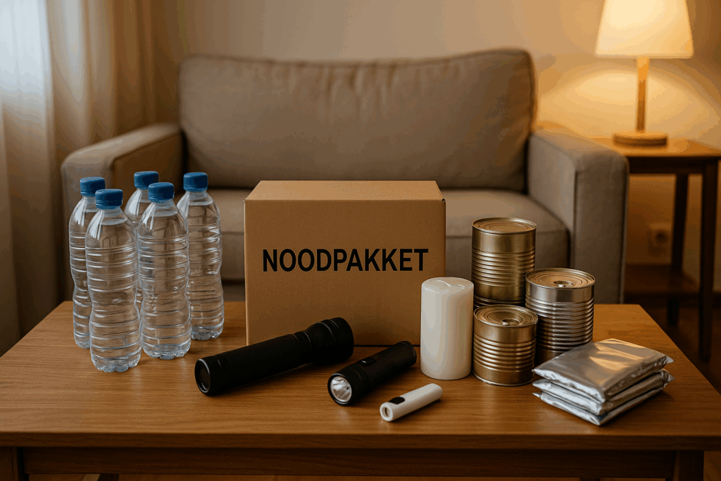 Noodpakket – basisvoorraad water, eten en lampen voor noodsituaties