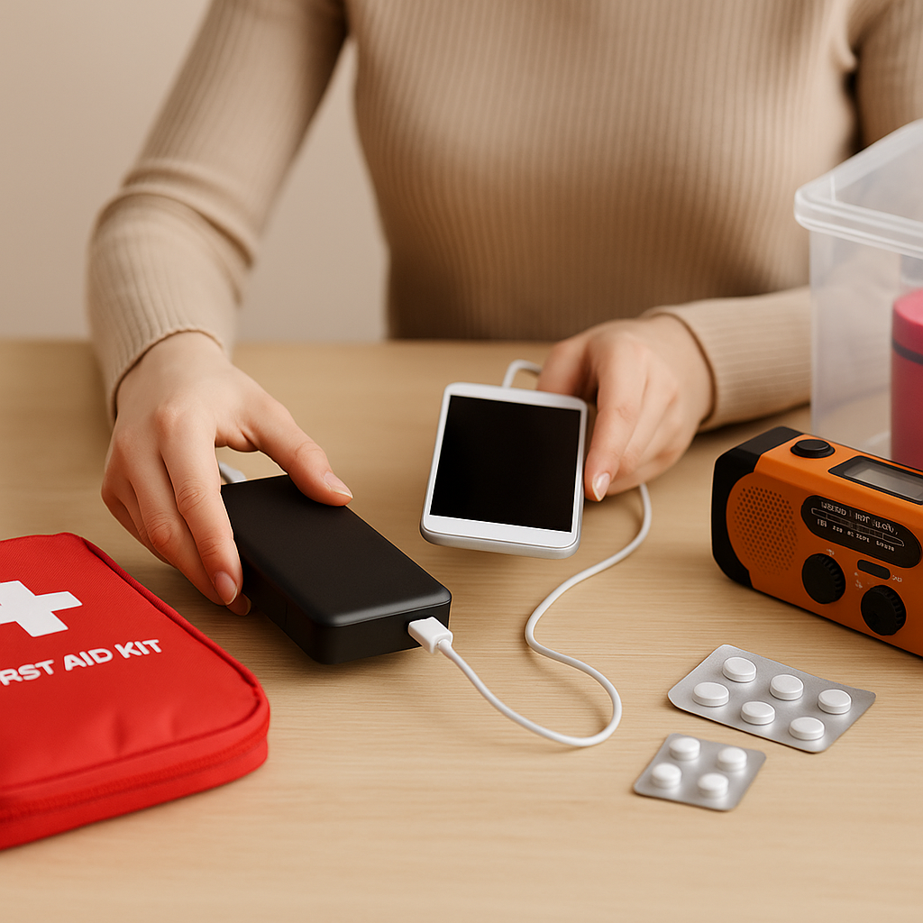 Noodpakket – vrouw gebruikt powerbank om telefoon op te laden tijdens stroomuitval